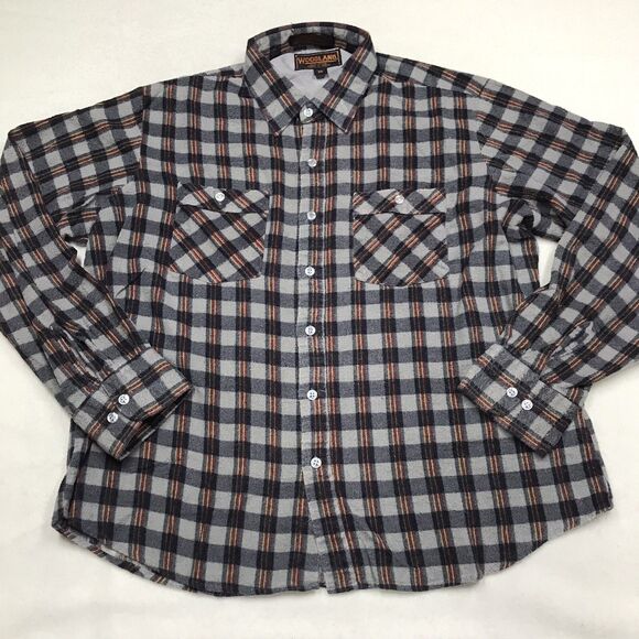 90s WOODLAND Flannel Shirt Men XL Gray Orange Gingham Plaid Grunge Outdoor gorp - Picture 1 of 15